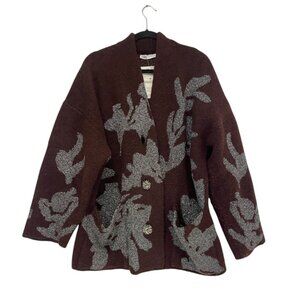 Zara Women Sweater Cardigan Coat L XL Wine Metallic Thread Jacquard 2756/128 NWT